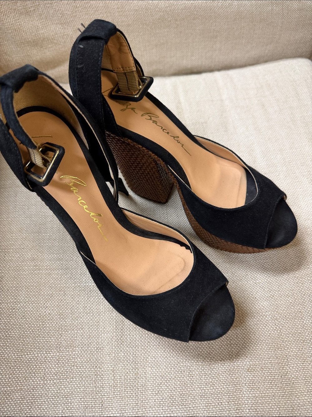 Black Suede Peep-Toe Block Heel Sandals with Ankle Buckle